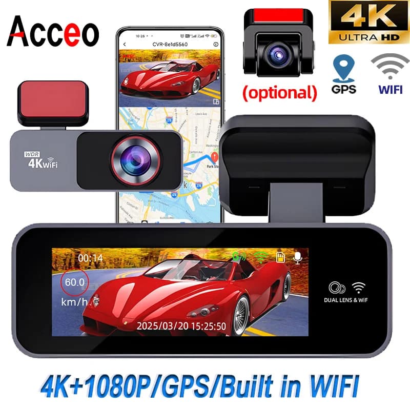 Dash Cam 4K Ultra HD Access with WiFi Integrated, DVR Recorder for Car, Support Camera Rear 1080P, Double Lenten, Night Vision, Monitoring Parking 24H