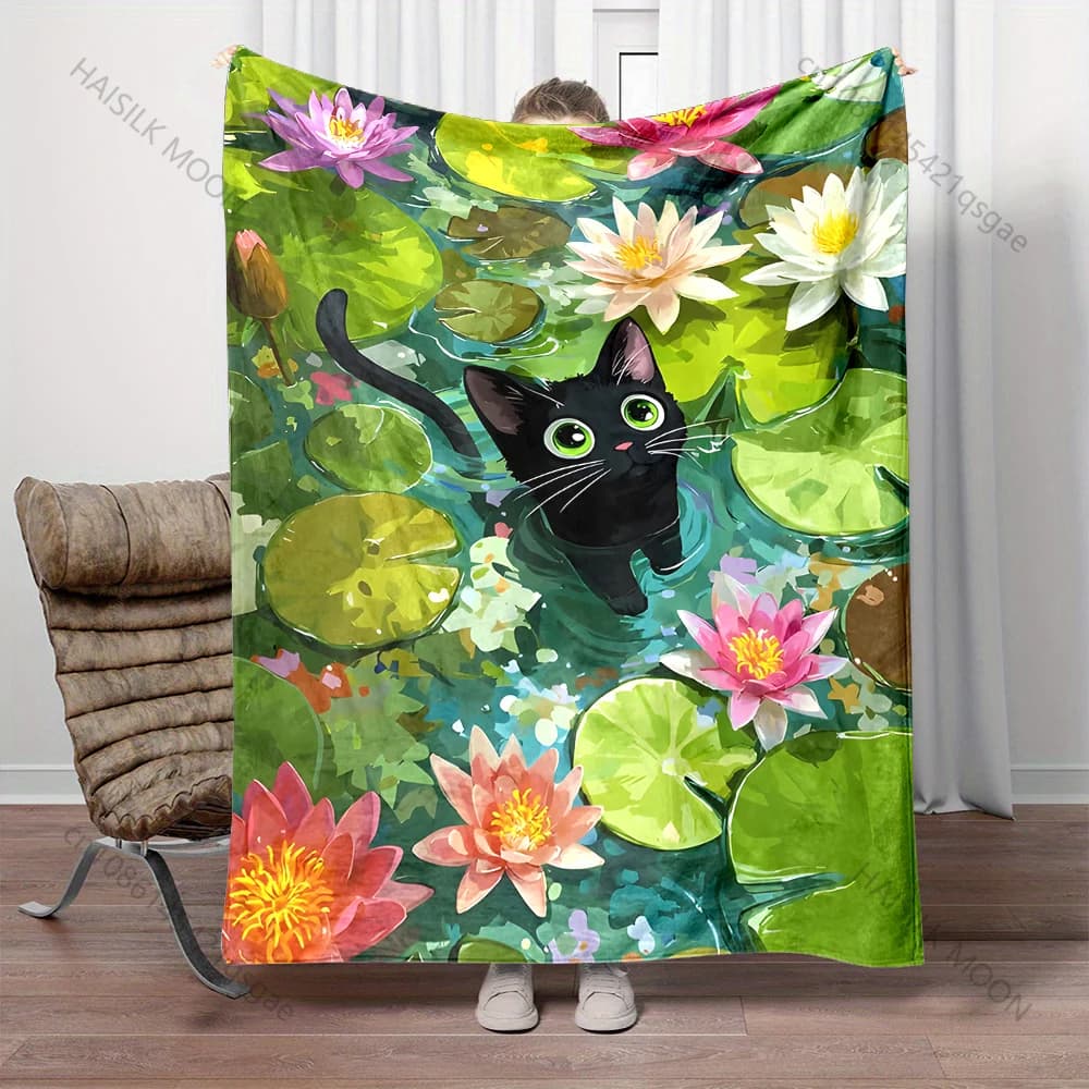 Coperta con gatto nero in un laghetto di gigli, disponibile in diverse misure, adatta per casa, camera da letto, divano, viaggi, campeggio, varie misure disponibili per regali