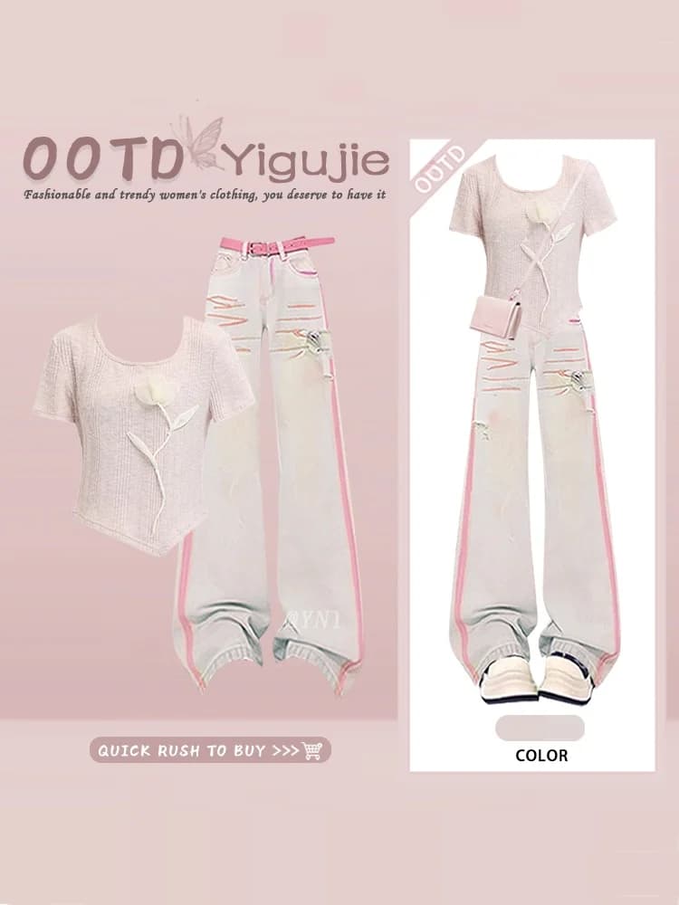 Summer Dopaamine Sweet Style Pink Floral Short Sleeve Top And Color Block Jeans Two Piece Set Women's Fashion Ensemble