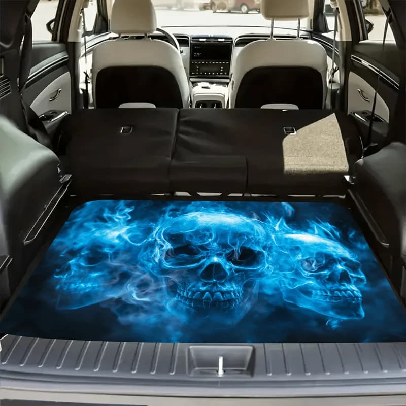VIKAMA Blue Flame Skull 3D Print Car Trunk Mat Waterproof Anti-slip Universal SUV Rear Cargo Protector Liner Home Decoration