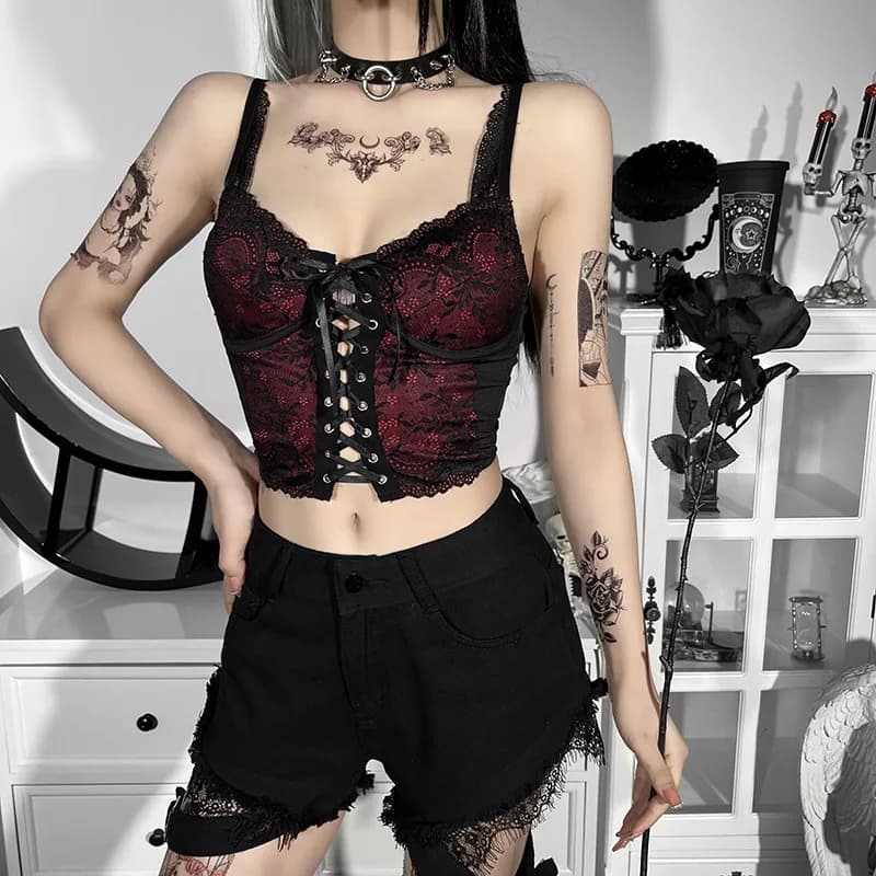 Sexy Bandage Black Lace Camis Women Gothic Spaghetti Strap Backless Bodycon Crop Tank Vintage E Girl Summer gilet