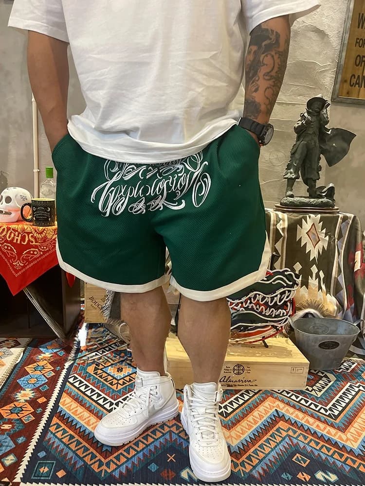 Pantaloncini sportivi casual da uomo ricamati Loose Fit Five-Quarter con motivo Nuclear Explosion Trend Green West Coast Chicano Hoopla