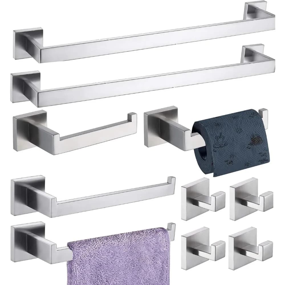 Set di accessori per il bagno in acciaio inossidabile: portasciugamani, supporto, gancio e portarotolo in nichel spazzolato