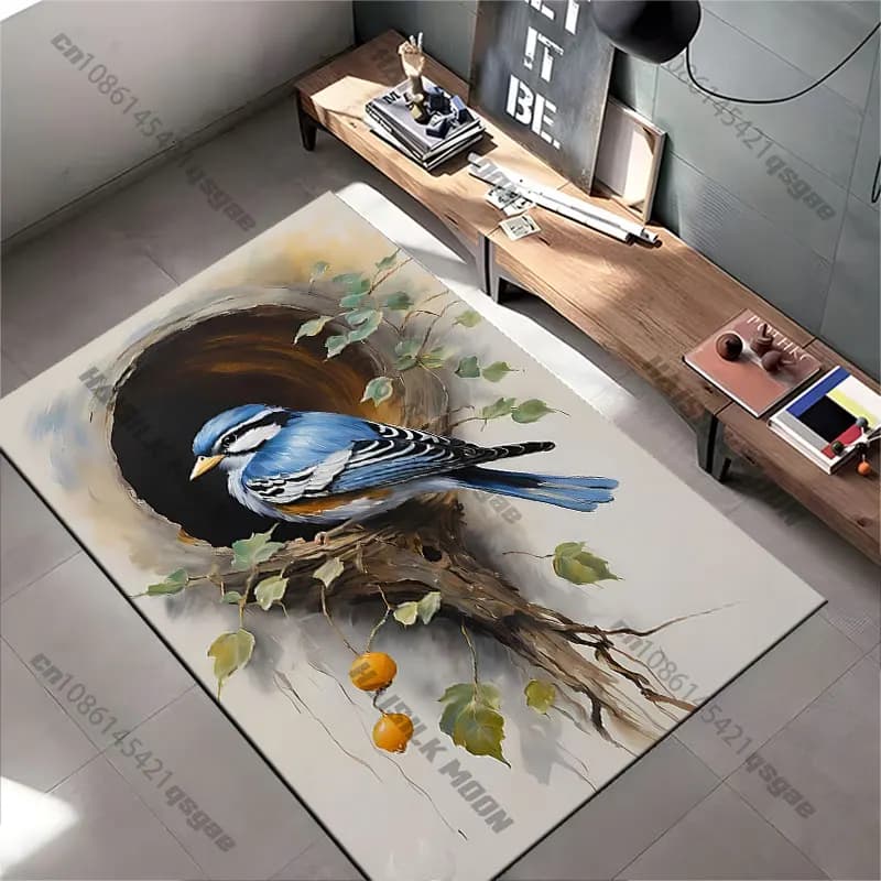 Carpet with pattern blue bird and natural tree, for yoga, decoration living room, mat for kids, grass, decorative carpet, game mat