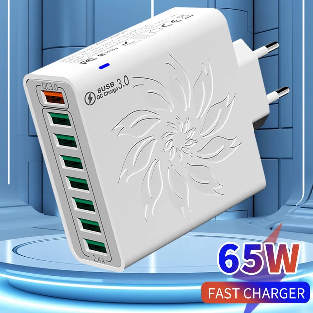 Caricatore USB a 8 Porte QC 3.0 65W, Stazione di Ricarica Rapida con Spina EU, Adattatore Multi-Porta con Smart IC per iPhone 15 Pro Max Xiaomi