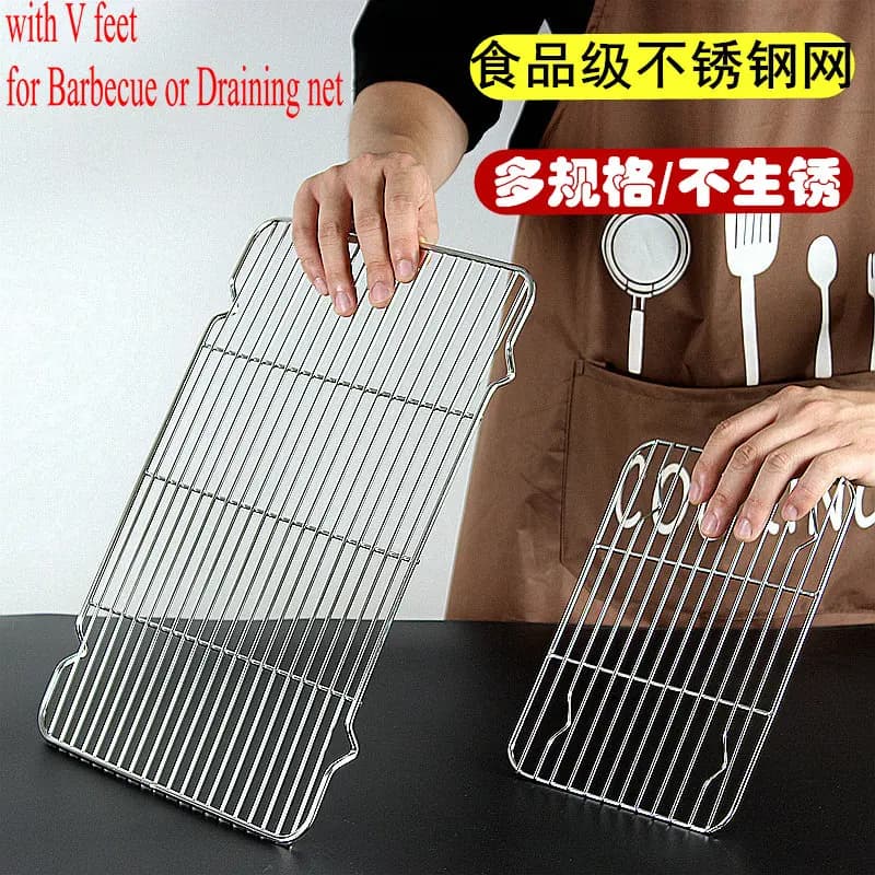 Stainless Steel 304 Food Grade BBQ Charcoal Grate Barbecue Grill Wire Grid Mesh Net with V Feet for Water Oil Draining