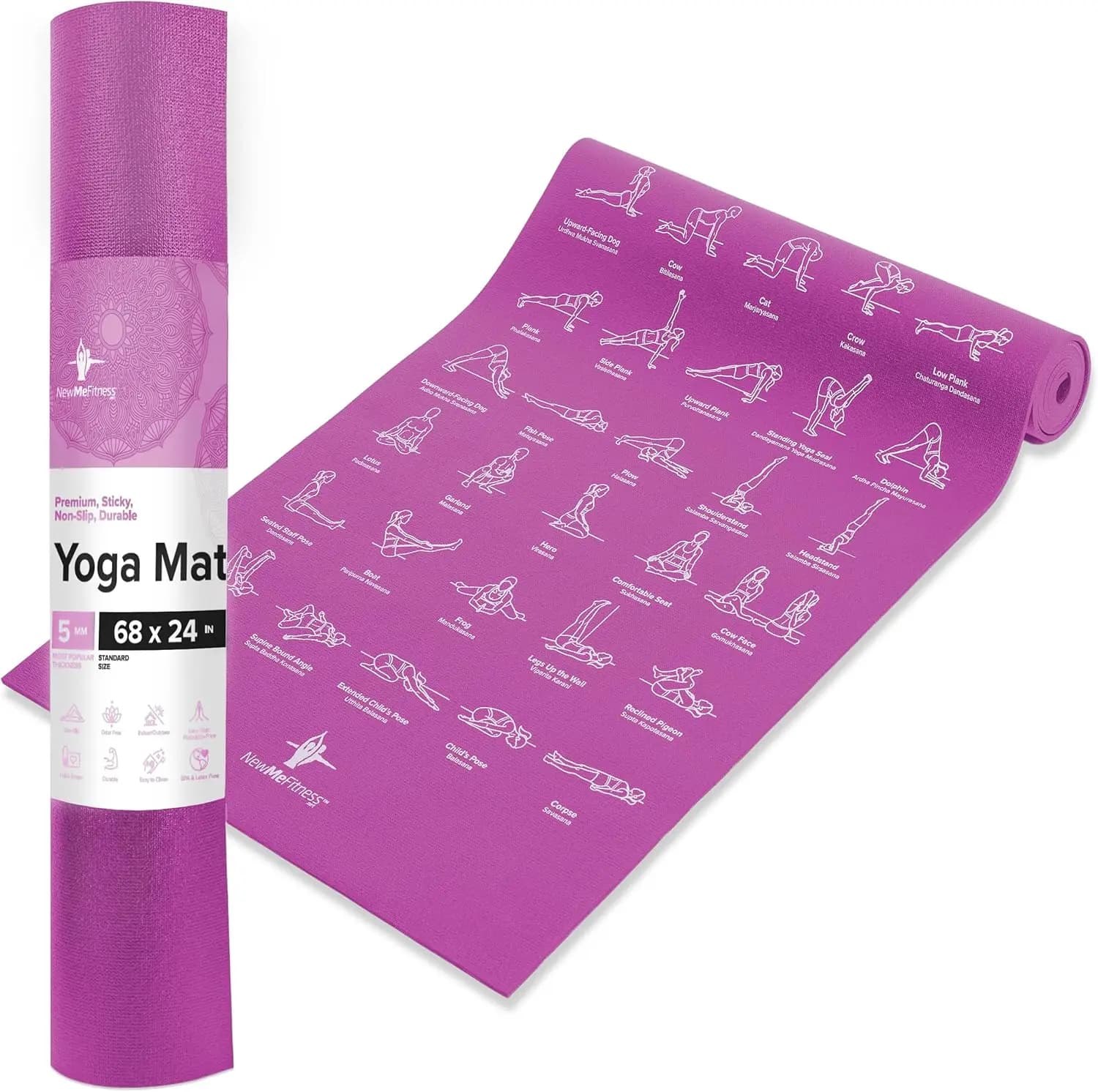 Anti-slip Yoga Mat, 5mm Thickness with 70 Pose Illustrations for Pilates and Stretching - Essential for the Home Gym