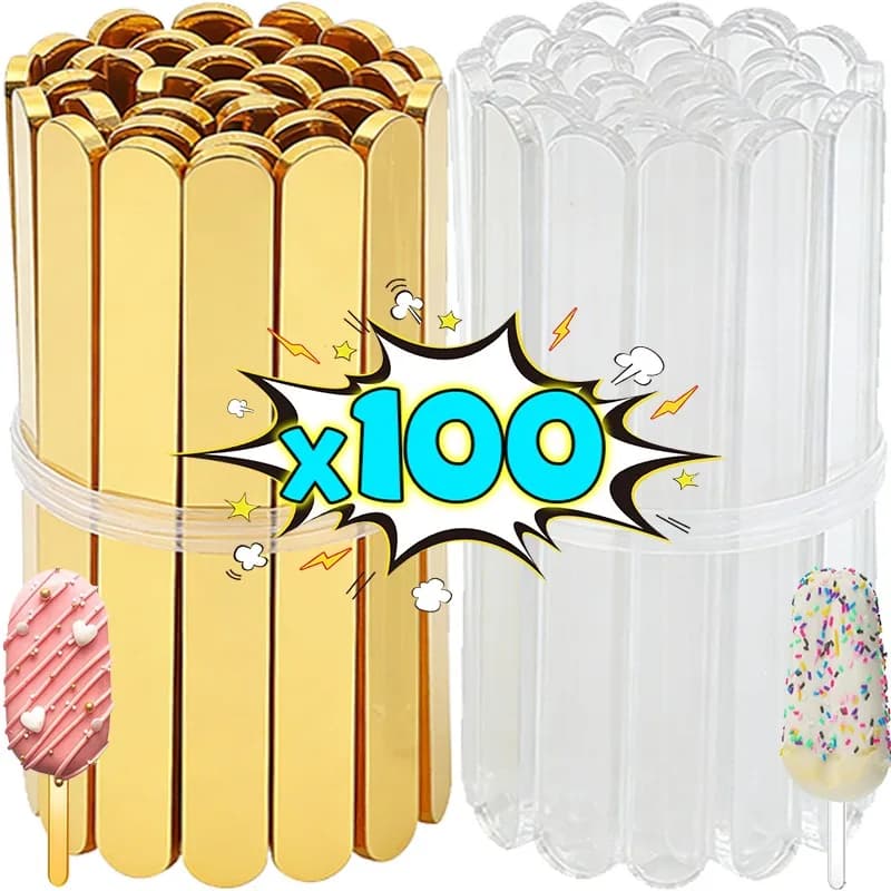 100/10 pz. Bastoncini in acrilico trasparenti dorati per fai da te, per ghiaccioli, torte, caramelle, creme, decorazioni per feste e regali