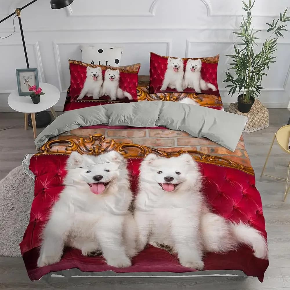 Set copripiumino per cani King Size Simpatico angelo sorridente Samoiedo Set biancheria da letto doppia per bambini Adolescenti Ragazza Copripiumino in poliestere per cuccioli adorabili