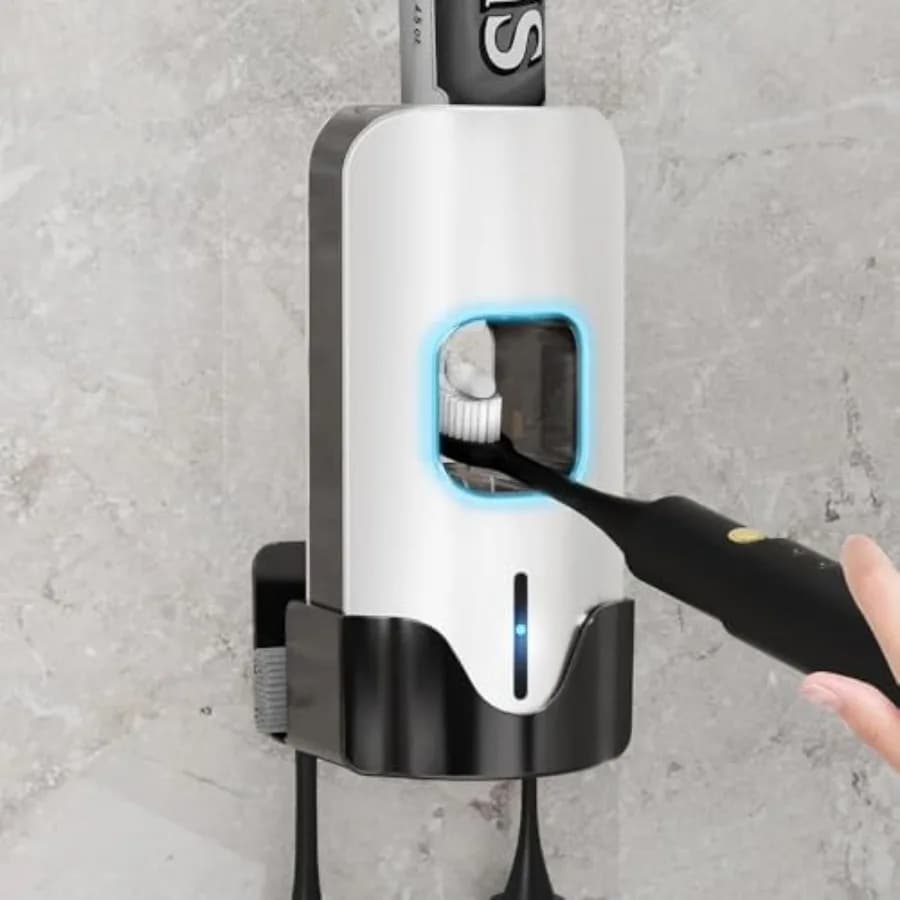 Smart Automatic Dentifricio Dispenser - Bathroom Wall dispenser with 3 Regulatory Levels and 2 Brush Holders