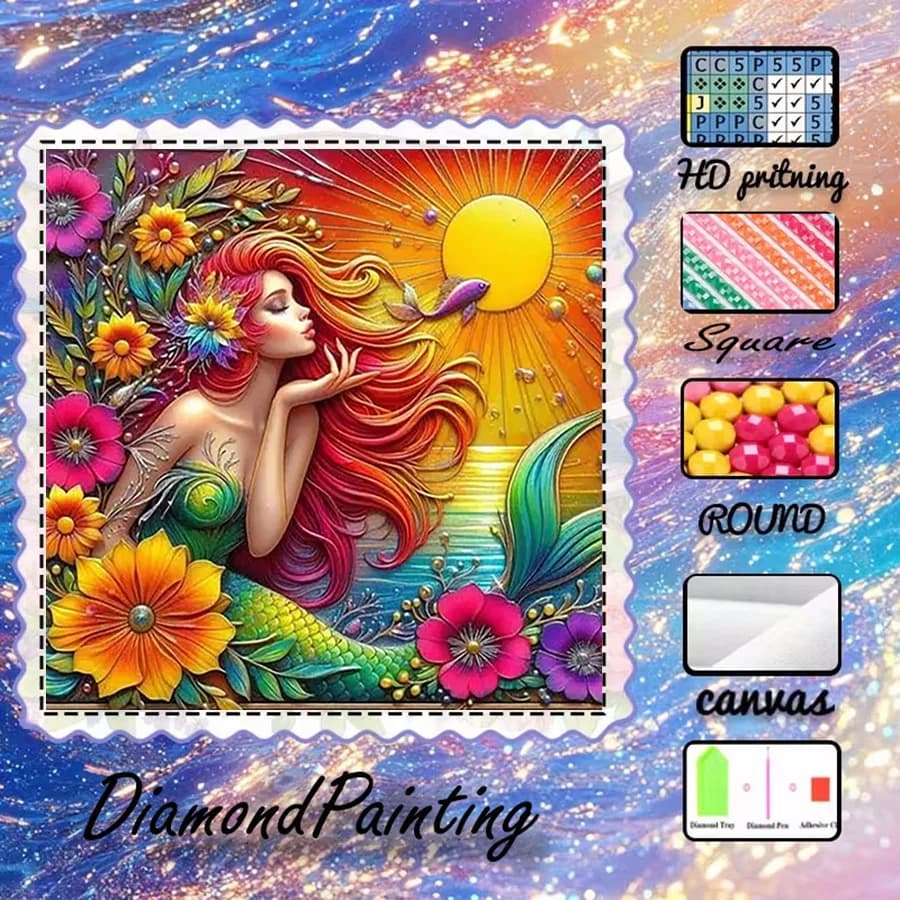 1 pezzo - 5D-DIY - Tessuto floccato - Trapano speciale - Set per pittura con diamanti - Sirena, sole - Mosaico - Arte con diamanti