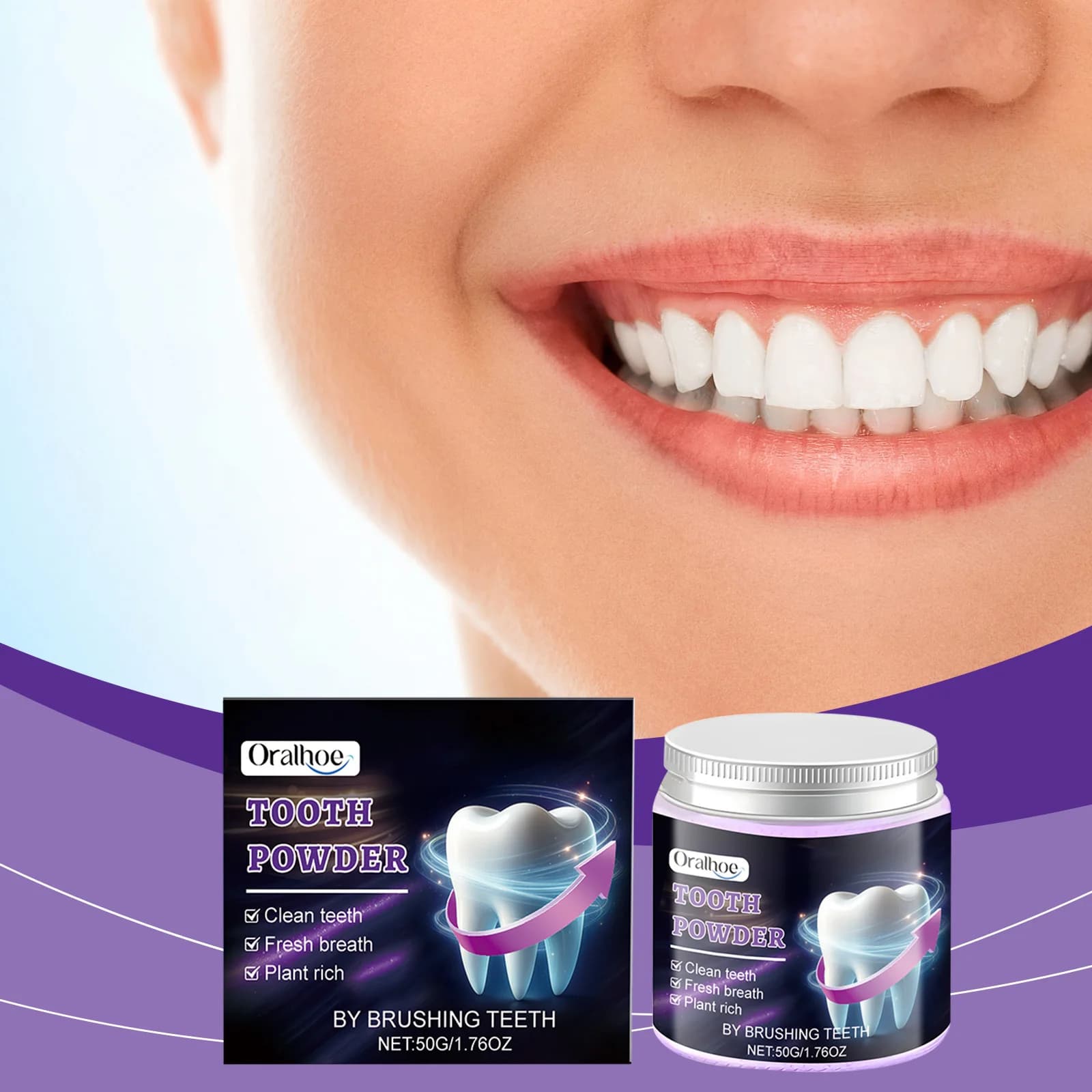 Polvere Dentifricia Delicata Viola - Pulizia Profonda dei Denti e Rimozione delle Macchie, Protezione delle Gengive e Alito Fresco, Polvere Naturale per la Cura Orale