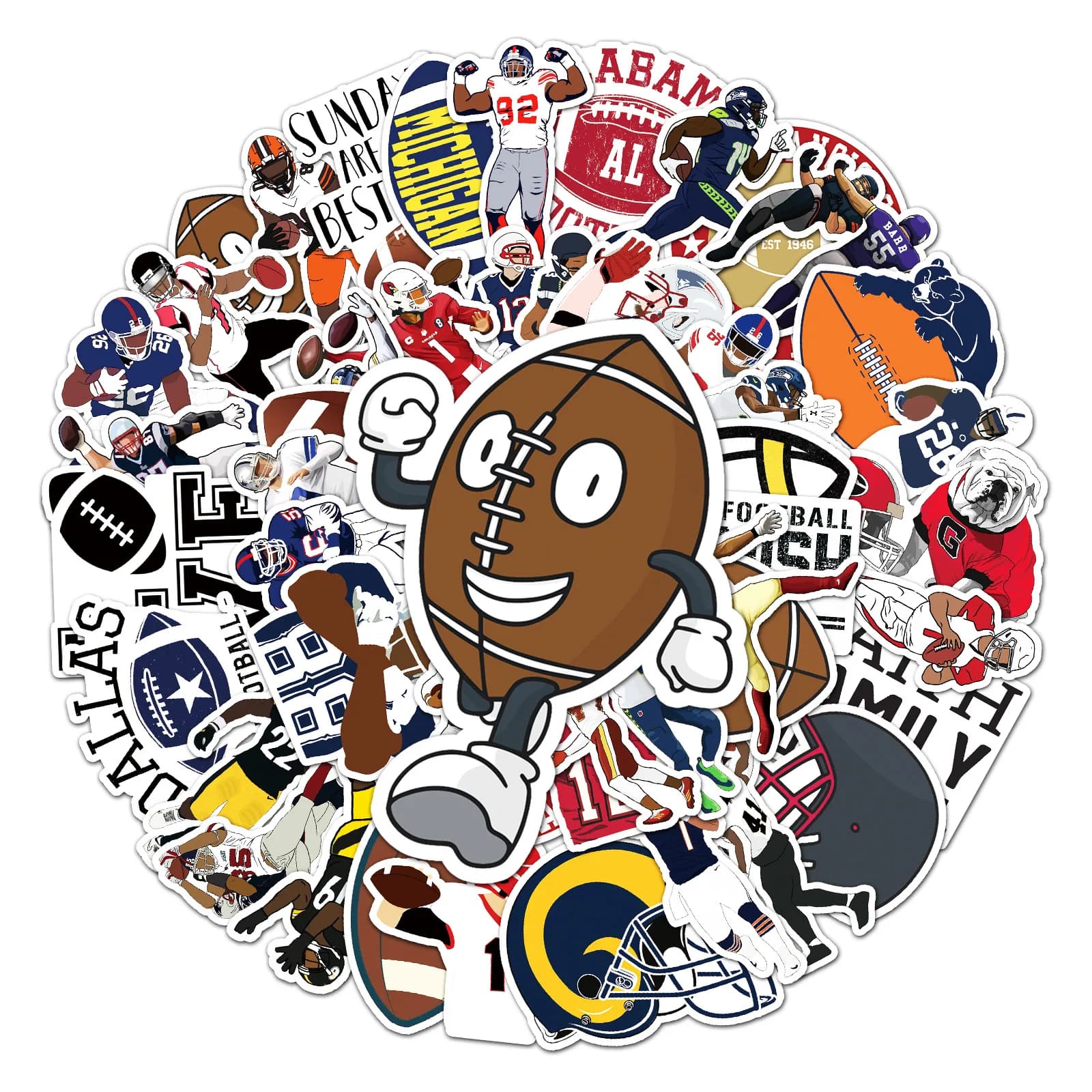 50 Pieces Adhesive Waterproof American Football Graffiti, Sports Decalcomanie for Skateboard Laptop DIY Scrapbooking Decoration