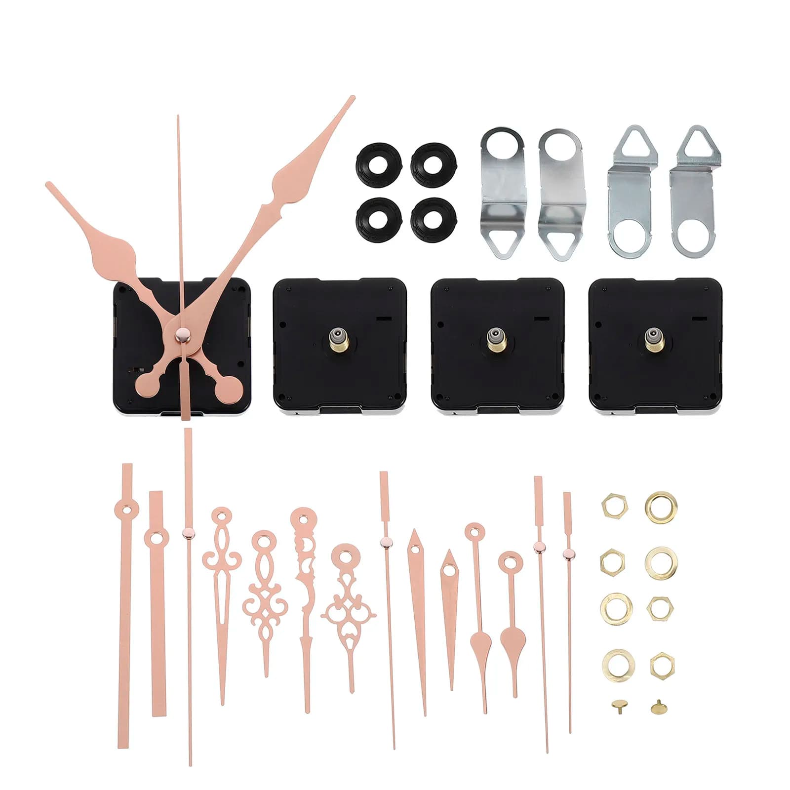 4 Set of Wall Clock Mechanisms, Fai-da-Te Kit, Spare Parts, Movement with Golden Hands in Long Stele