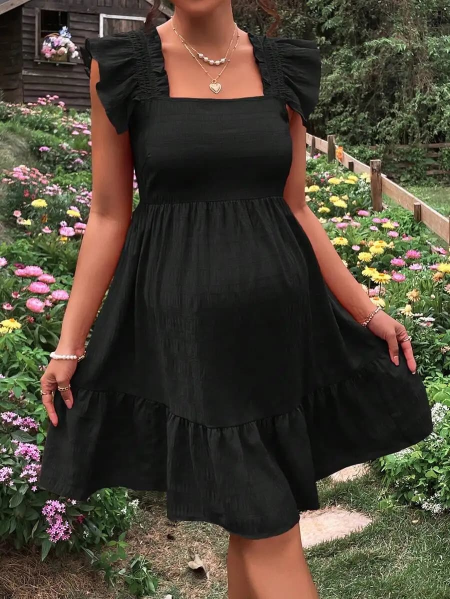 Maternity Square Neck Ruffle Trim A-Line Dress