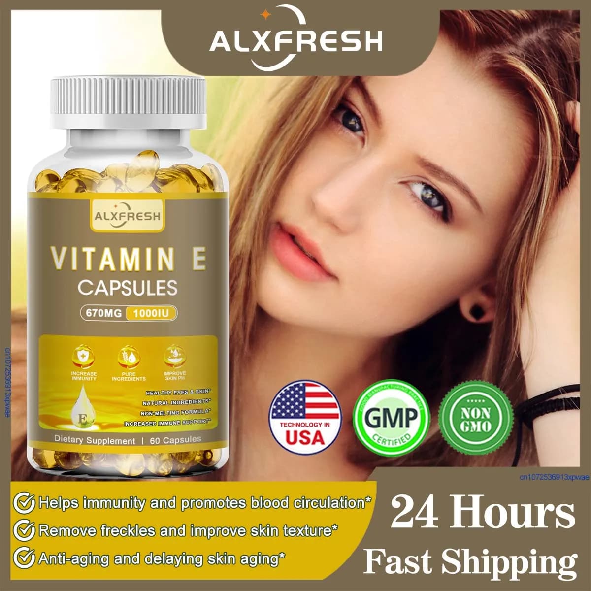 Alxfresh Vitamin E 670 mg (1000 IU) Dietary Supplement- Natural Non-GMO Supplement - Gluten /Dairy Free Vagen