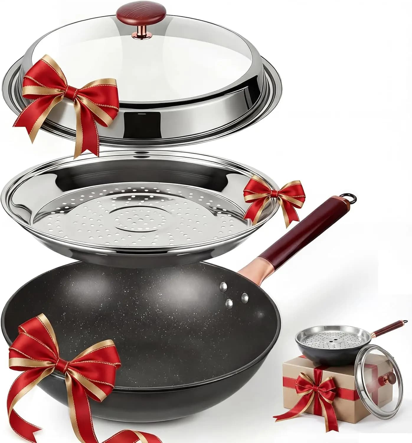 Wok in Acciaio al Carbonio da 13 Pollici con Coperchio: Padella Antiaderente per Stir-Fry, Compatibile con l'Induzione, Manico Termoisolante per Cucina Familiare