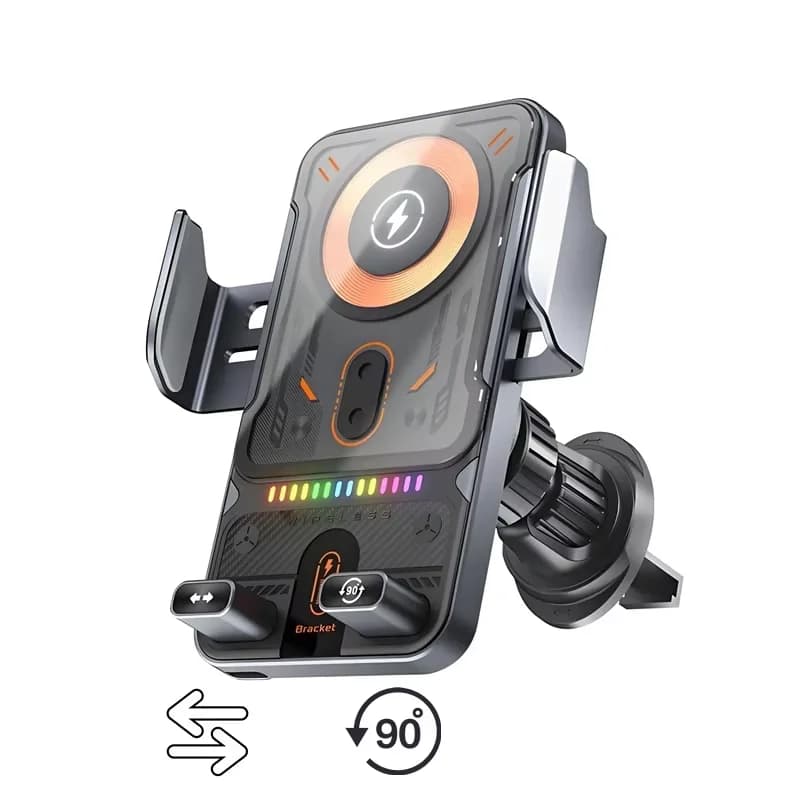 Supporto universale per caricabatterie wireless per auto con rilevamento automatico e telescopio elettrico a 360° ° Luce Ambientale Rotante per iPhone 17 16 Samsung Auto