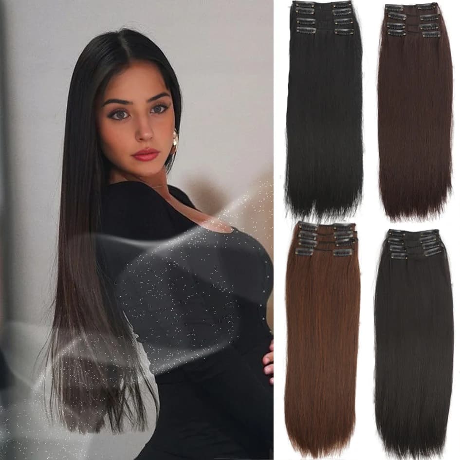 4pc Synthetic Women's 16inch/20inch/24inch Four Piece Straight Hair Extensions, Black/Brown Wig, Suitable for Daily Wear