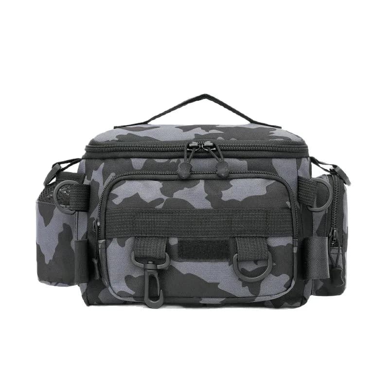 Marsupio portaoggetti con borsa a tracolla nera per attrezzatura da pesca, borsa sportiva da esterno con supporto per canna da pesca