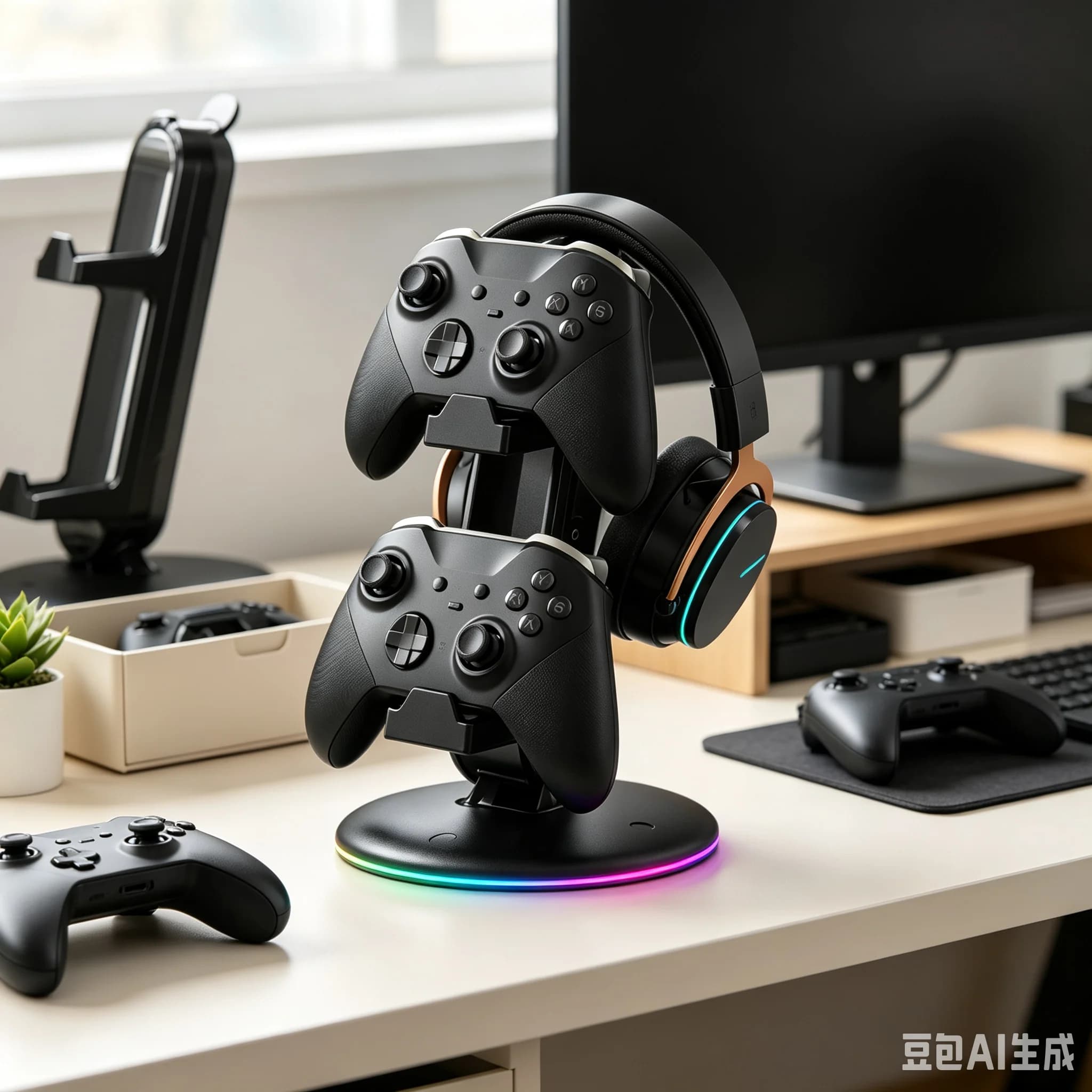 Gaming Controller & Headset Stand For PS5/ For Xbox/ For PS4/ For Switch Desktop Game Controller Bracket With RGB