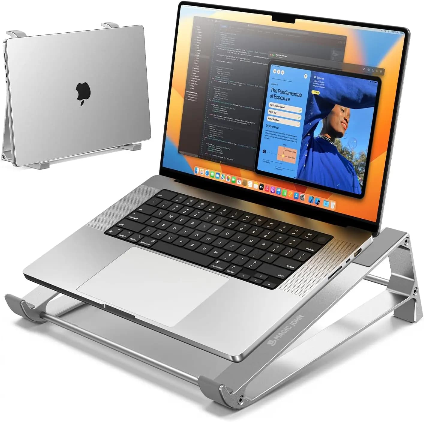 Supporto Ergonomico in Alluminio per Laptop con Raffreddamento e Spazio di Archiviazione, Rialzo Portatile per MacBook, HP, Dell da 10-17 Pollici