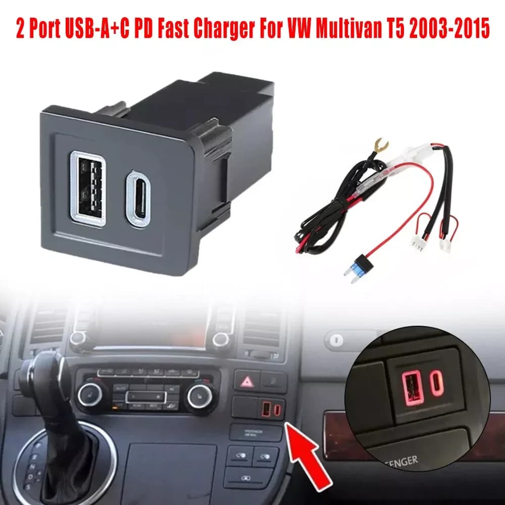 Car USB Charger Adapter Socket Car Charger Phone Charge Power Adapter Outlet For VW Multivan T5 2003-15 Dual USB Type C PD+QC3.0