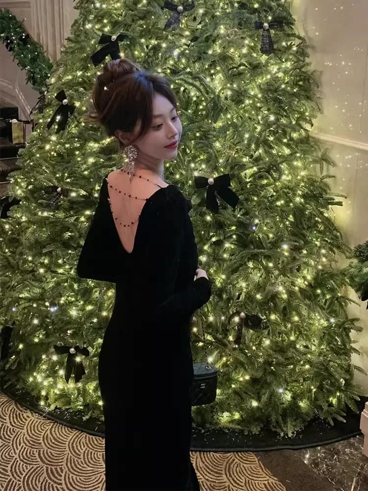 Elegante Abito da Sera in Velluto Nero con Scollo a V e Maniche Lunghe, Vestito di Lusso alla Moda per Servizio Vini, Stile Hepburn a Vita Media