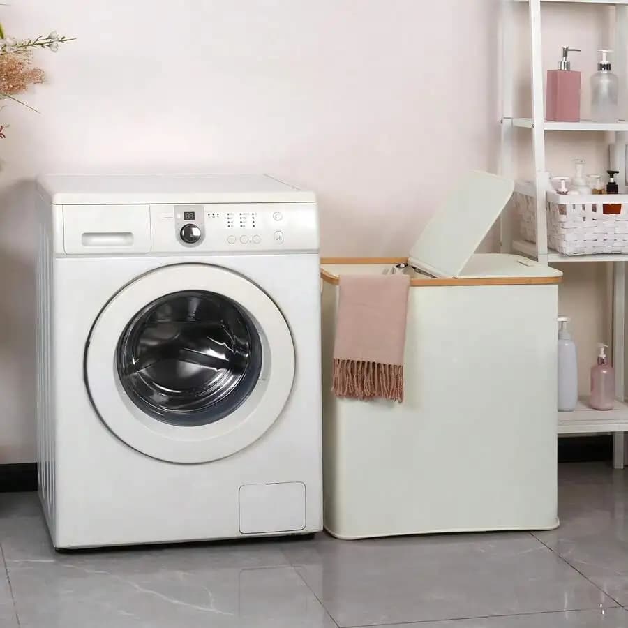 Laundry Hper With Lid, Double Laundry Hper With 2 Removable Bags, 2 Sect Laundry Basket With Bboo Handles For Bathroom, Bedroom