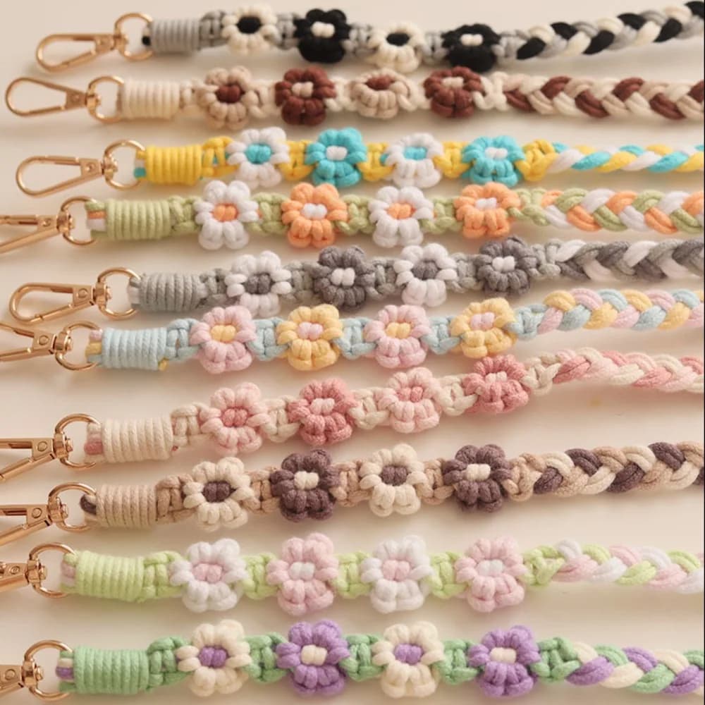 Sweet Handmade Flower Woven Chain Lanyard Crochet Hook Woven Daisy Flower Hanging Chain Pendant Colourful Bag Braided Rope Women