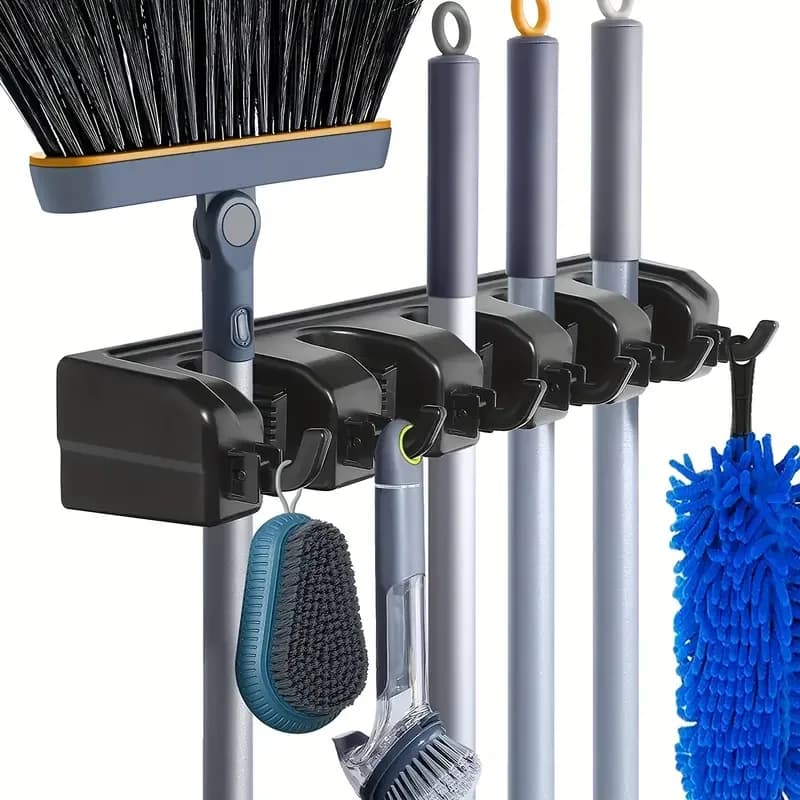 Supporto da Parete per Mop 3/4/5 Posizioni, Porta Scopa Multifunzionale, Mensola per Cucina e Casa, Porta Mop in Plastica Nera Magica