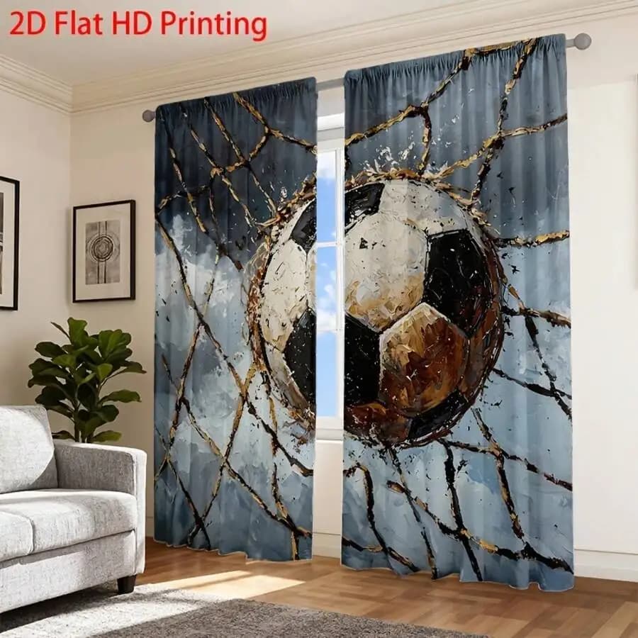 2D Flat Printed Football Pattern Curtains, Semi-Transparent Rod Pocket, Living Room Bedroom Decor