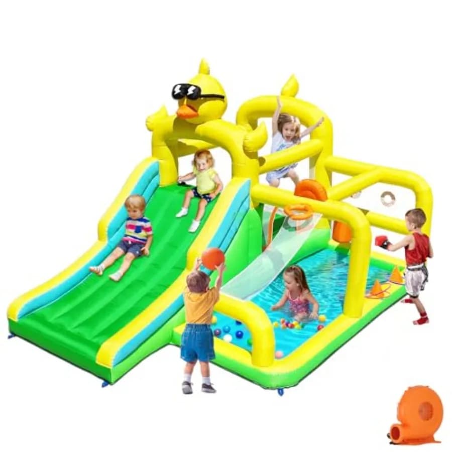 Casa Gonfiabile a Tema Anatre con Scivolo Extra Largo, Parete da Arrampicata, Canestro da Basket, Lancio di Anelli e Sacco da Boxe 2-in-1 Splas