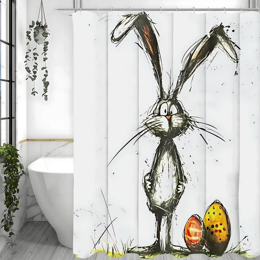 Easter Shower Curtain Bunny Easter Yellow Eggs Messy Pen Art Drawing Spring Holiday Bunny Bathroom Decor Polyester Shower Curtai