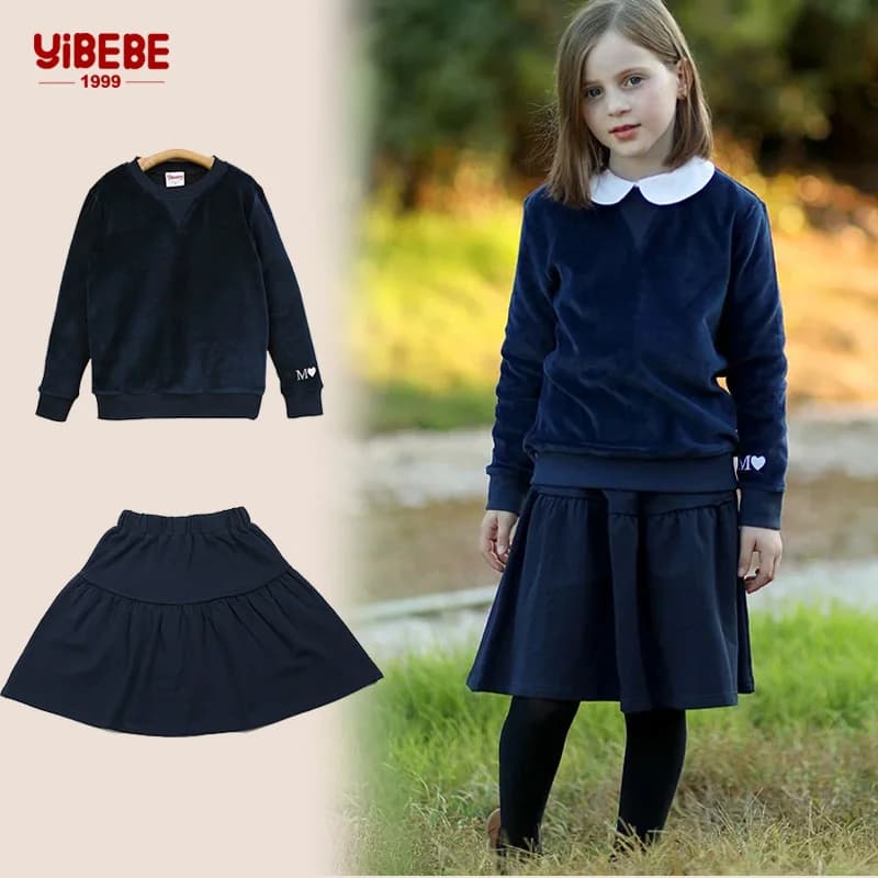 2024 Gonna per ragazze infanzia e maglietta superiore gonna a pieghe blu scuro per ragazze grandi taglie 4-16 anni abbigliamento in cotone gonna al ginocchio