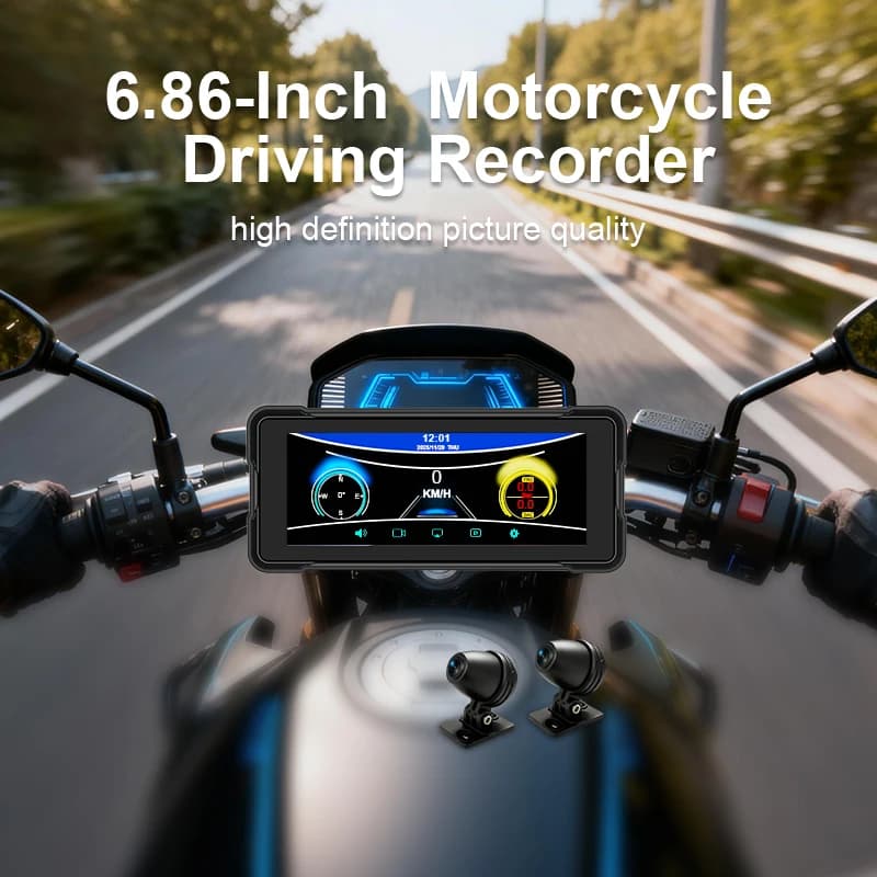 Front and Rear Dual Dash Cam for Motorcycle, 6.86 inch Waterproof Touch IPS Carplay and Android Auto with Wireless GPS Navigator