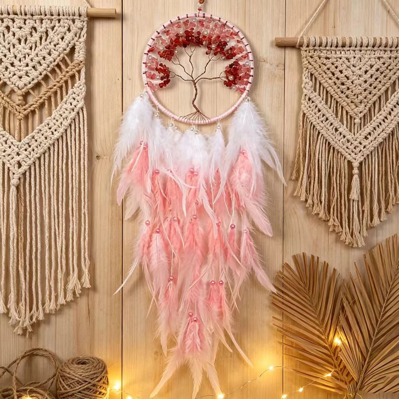 Handmade Tree Of Life Pink Dream Catcher Crystal Stone Wind Chime Ornaments Home Living Room Wall Hanging Nordic Gift Decor