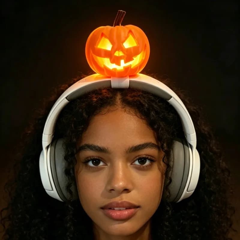 Halloween LED Pumpkin Headset Decor, Light Up Jack-o'-lantern Headphone Attachment with Magic Tape, Gaming Streamer Accessory