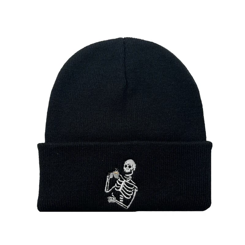 Cappello lavorato a maglia con teschio ricamato alla moda Cappello a cuffia caldo Berretto da sci all'aperto Hip Hop Cappelli da ricamo con acqua per bere scheletro di Halloween