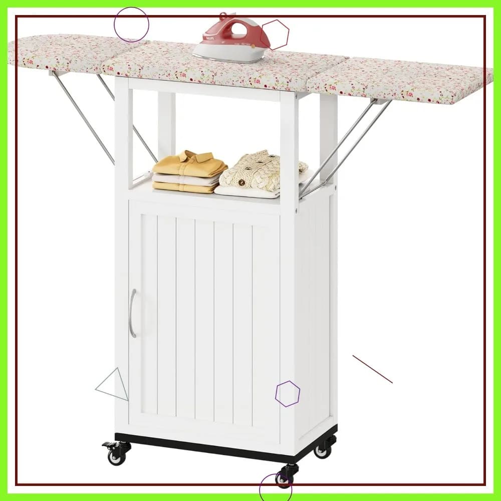Asse da Stiro con Ruote e Armadietto Portaoggetti, Tavolo Pieghevole con Ruote, Postazione Artigianale in Legno, Spugna Resistente al Calore (Bianco)
