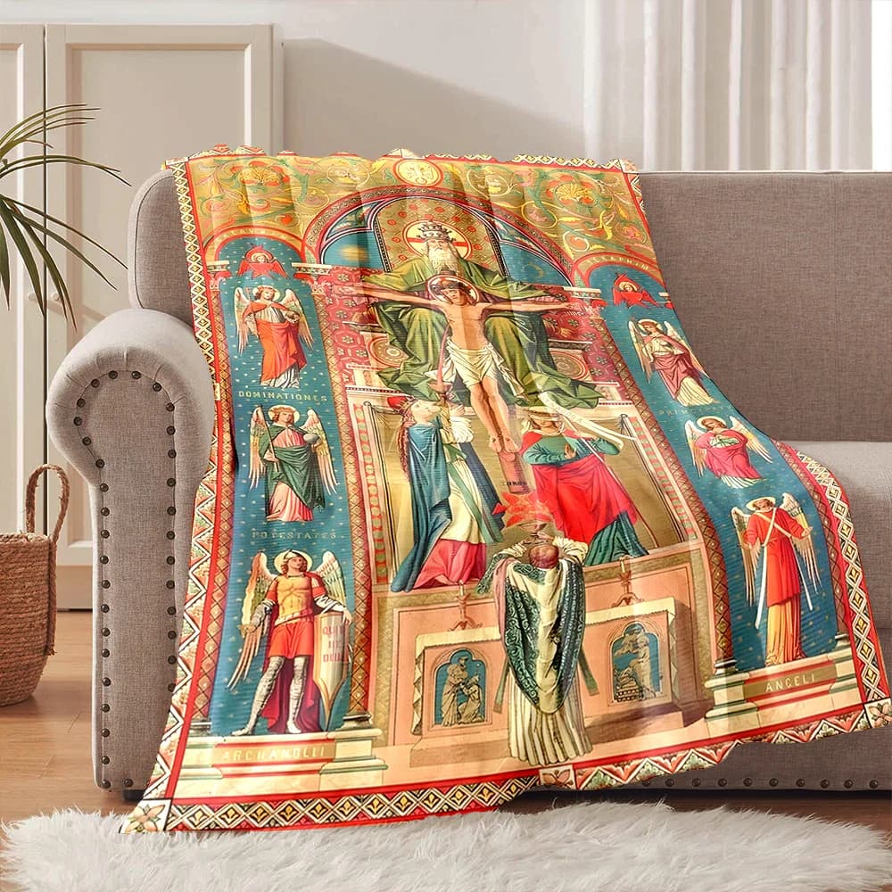 1PC Coperta in flanella con stampa di figure religiose e angeli, morbida e calda, adatta per casa, viaggi, picnic, campeggio, camper