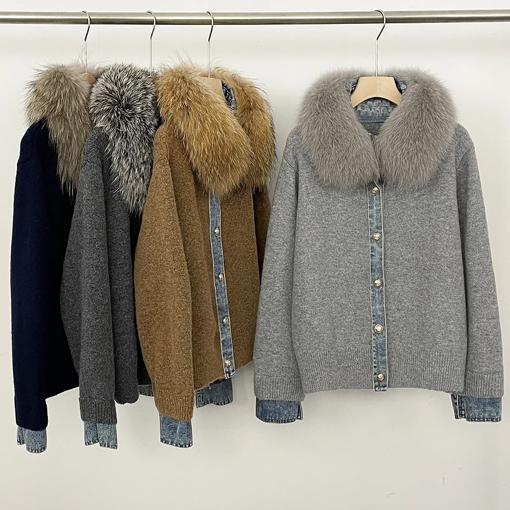 Cardigan da Donna, Maglione Caldo con Collo in Vera Pelliccia e Dettagli in Denim