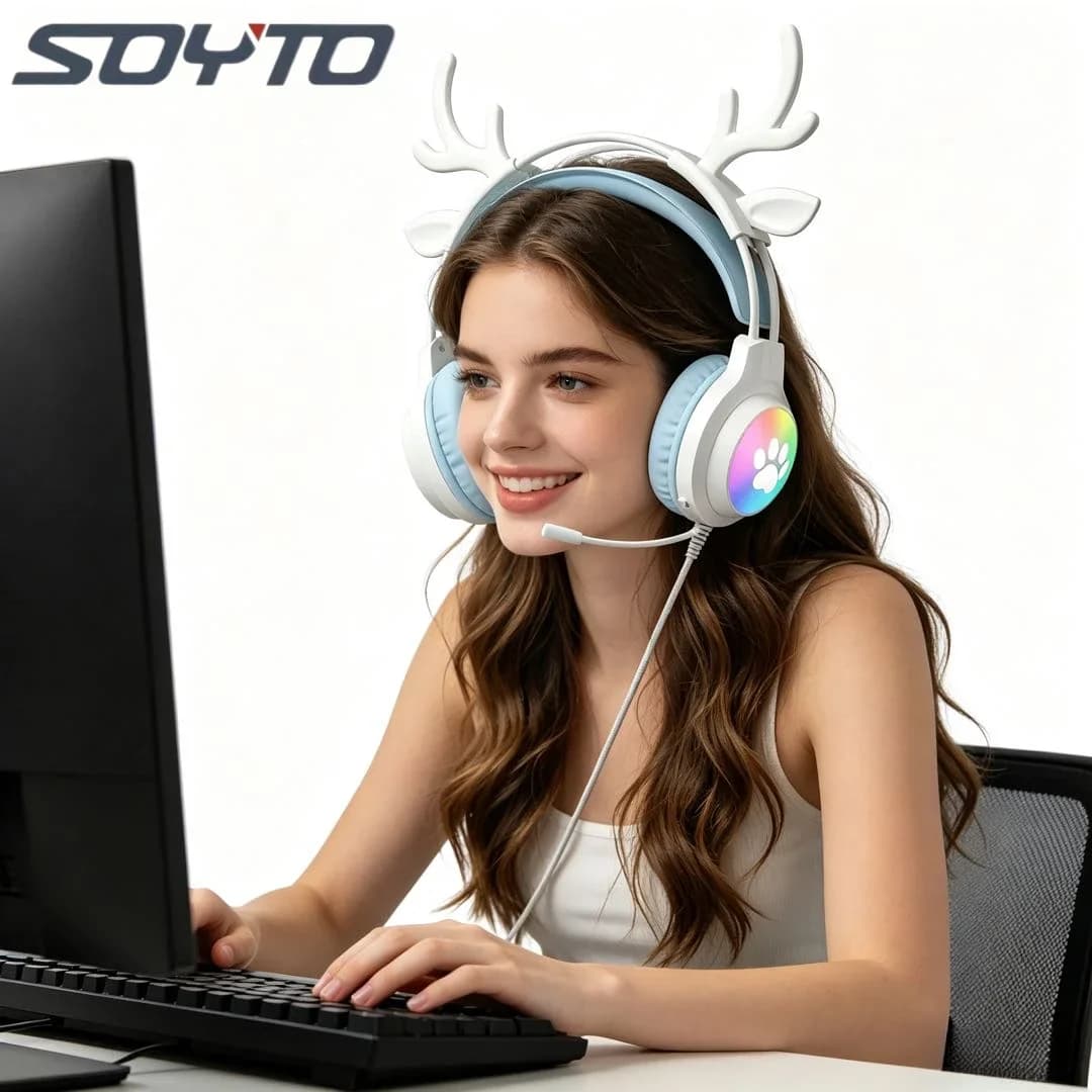 SOYTO Cuffie Gaming Cablate con Orecchie di Cervo Staccabili a 4 Colori, RGB Luminose, Riduzione del Rumore, Bassi Potenti per Computer e Tutti i Dispositivi