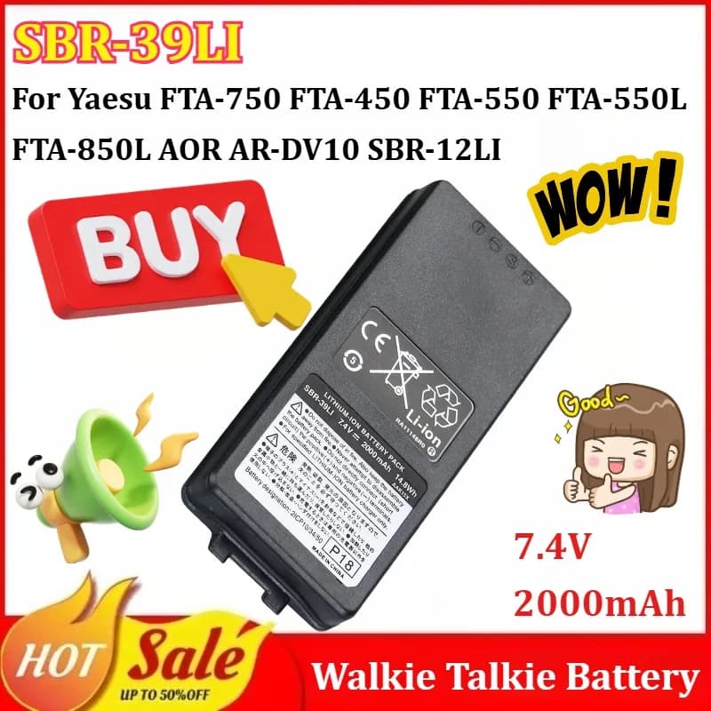 NUOVA Batteria SBR-39LI 7.4V 2000mAh per Walkie Talkie Yaesu FTA-750 FTA-450 FTA-550 FTA-550L FTA-850L AOR AR-DV10 SBR-12LI