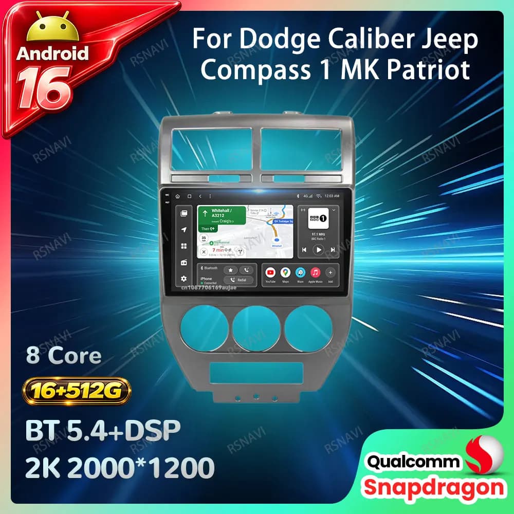 Car Radio Android 16 For Dodge Caliber Jeep Compass 1 MK Patriot 2006 - 2010 DVD Head Unit Viedo Player 5G WIFI BT GPS Qualcomm