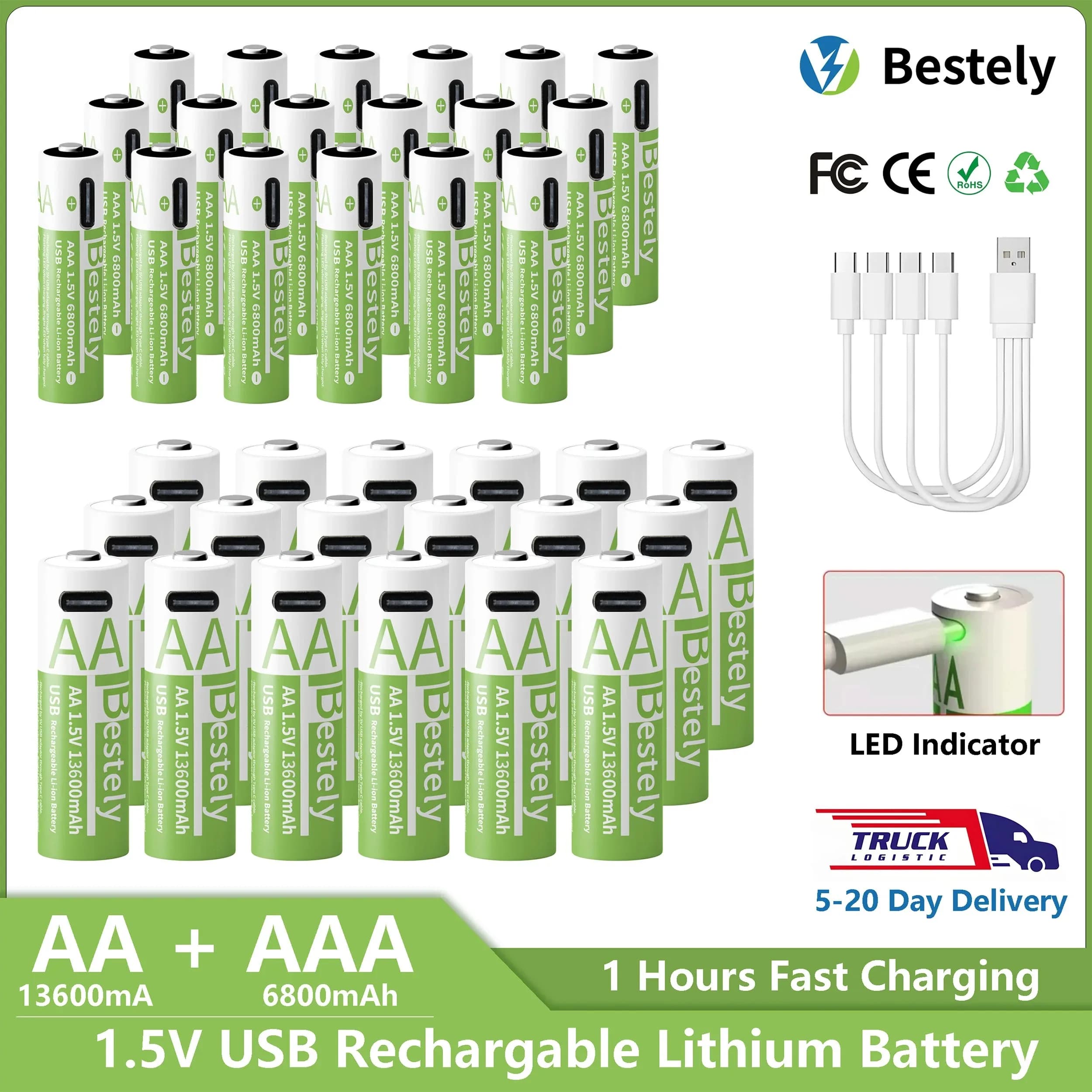 1.5V AA 13600mAh USB Rechargeable Lithium Battery Set + AAA 6800mAh with Quick Charging USB-C Type-C