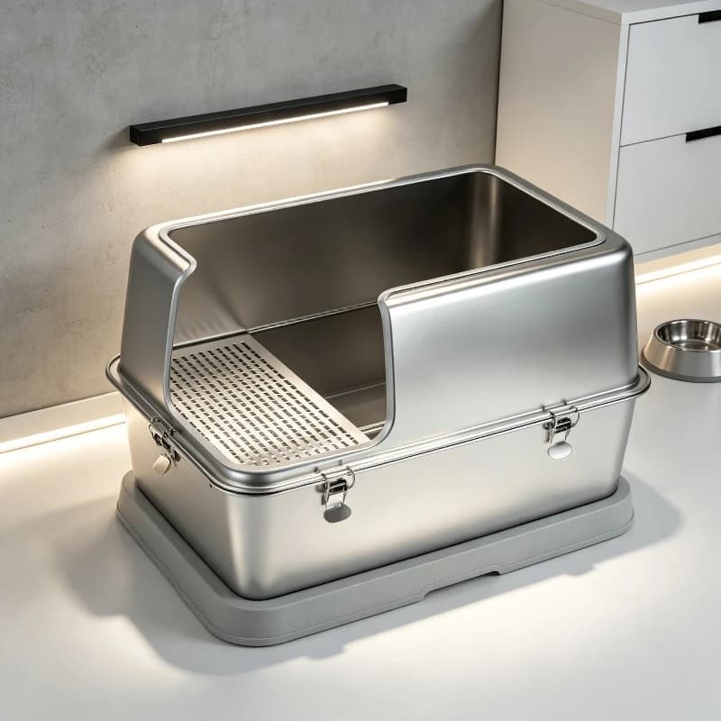 Stainless Steel Enclosed Cat Litter Box, 60cm Corridor XL Toilet with Splash-proof Tray, Odor-resistant Pan for Large Cats.