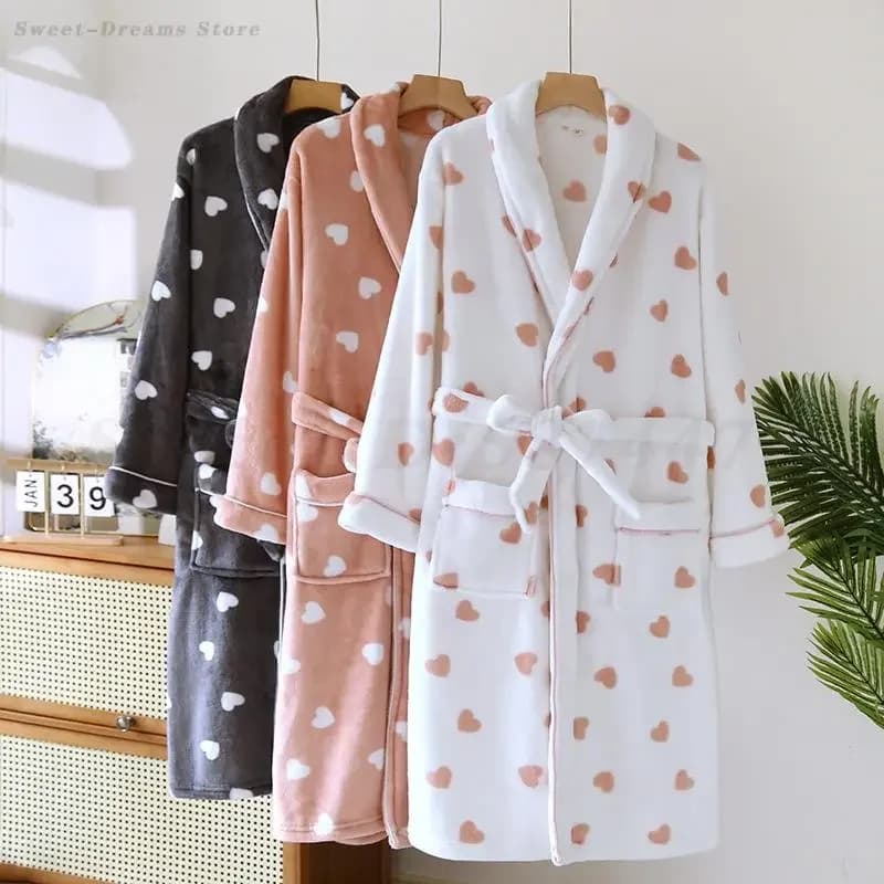 Flannel Bathrobe Kimono Autumn Winter Dress Women's Dress Addens Nightwear with Pocket Print Cute Heart Sweet Home Clothes