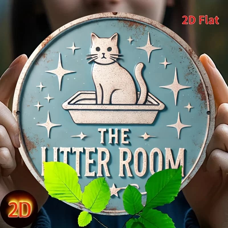 [2D Piatto] 1 pz. Targa Rotonda in Metallo Stile Vintage "The Litter Room" - Arte Murale Artigianale in Alluminio con Design Gatto Fantasioso