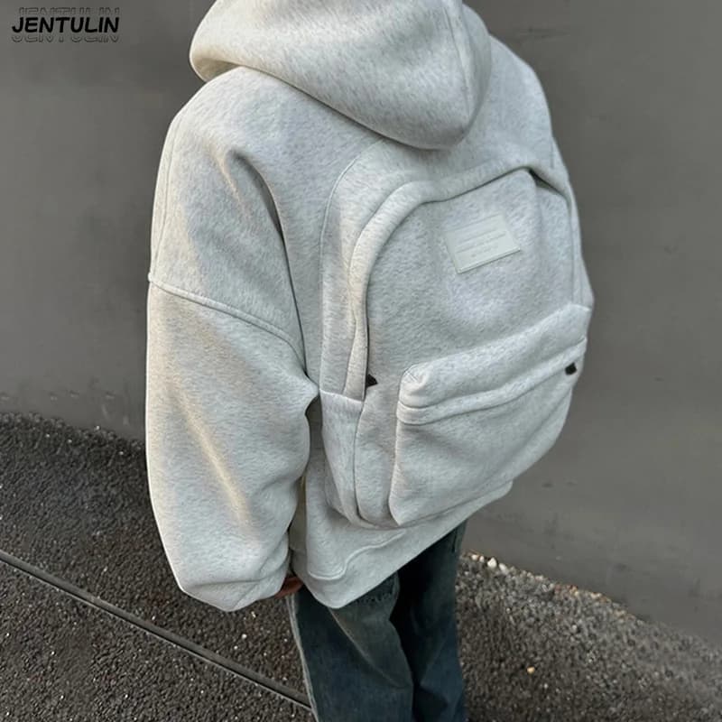 Streetwear Fashion Three Dimensional Backpack Casual Hoodie Y2K Autumn Winter High Street Trend Punk Men's Top Loose Sportswear